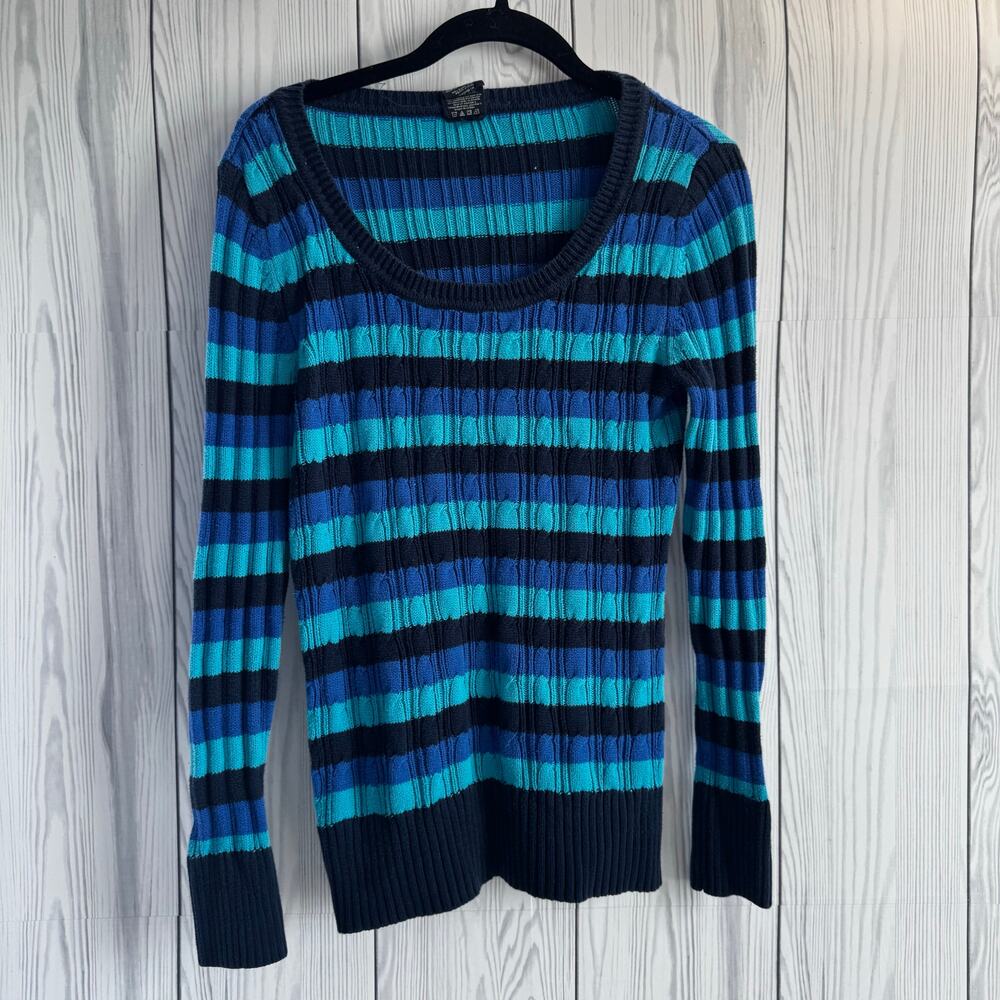 Vtg 90's Faded Glory Women's Small V Neck Striped Pullover Sweater Blue